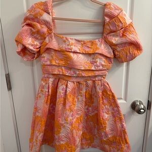 Floral Puff Sleeve Dress - Orange and Pink